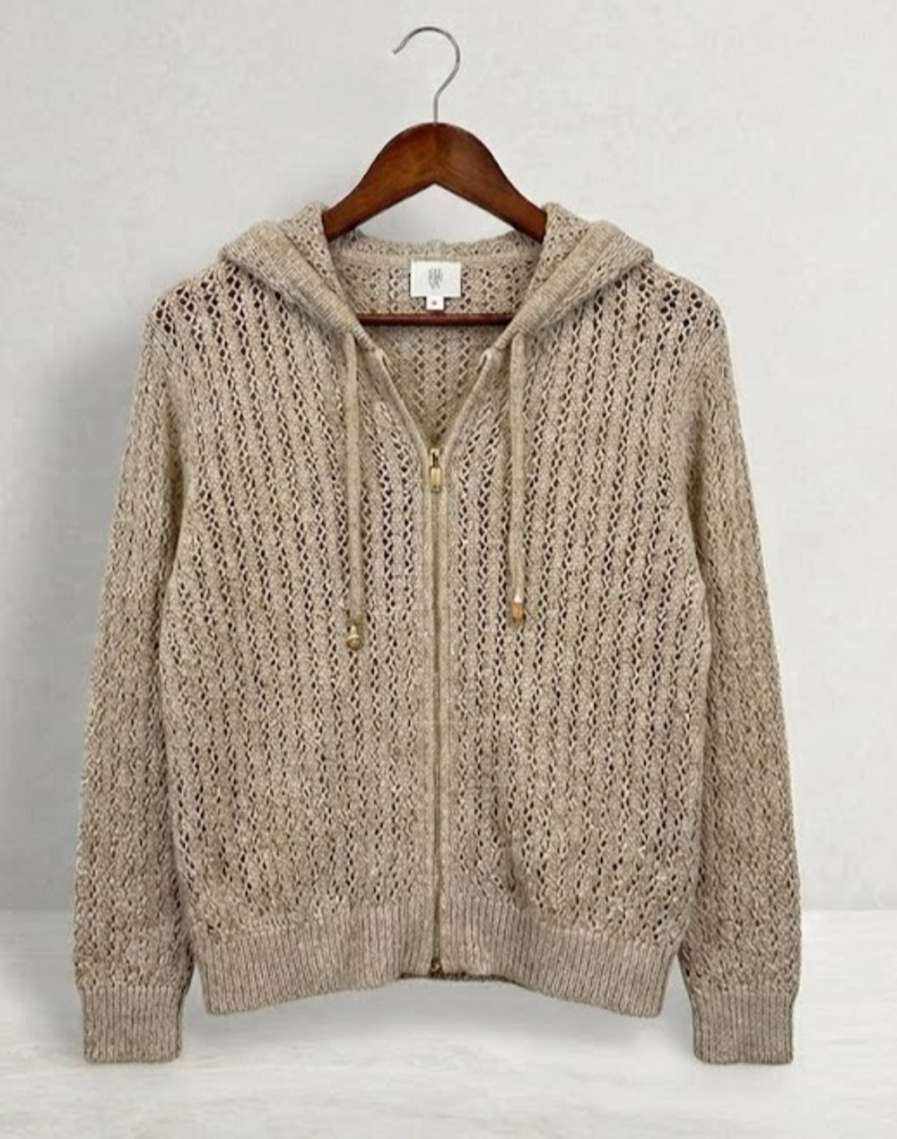 ELEVENTY Sequin Zip Up Hooded Cardigan Sweater Open Knit Beige Gold L EUC